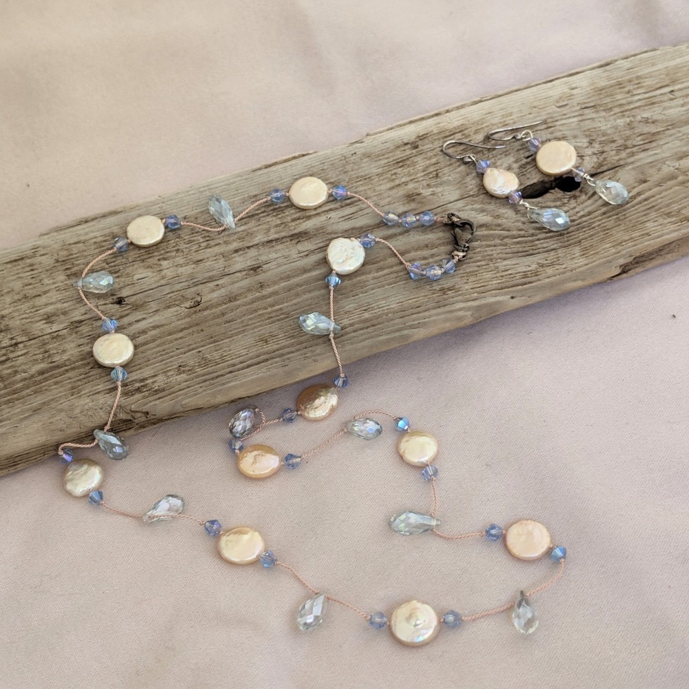 Artisan Freshwater Pearl Swarovski Crystal Necklace Earrings Set Pink Blue